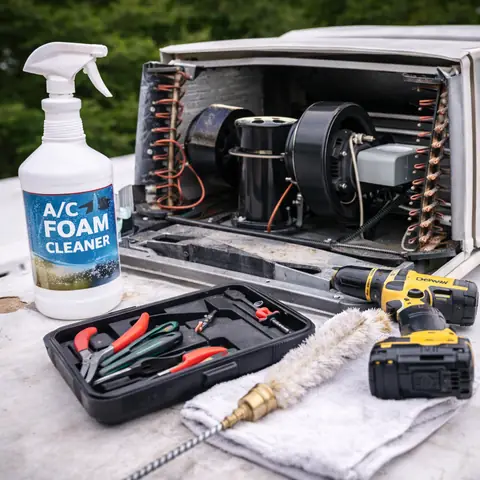RV air conditioner with foam cleaner and tools