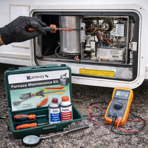 RV furnace compartment with a maintenance kit and multimeter