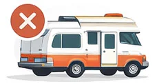 Illustration of an RV with a red X marking large roof repairs we do not perform