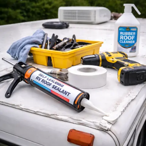 Roof sealant, tape and tools on top of an RV