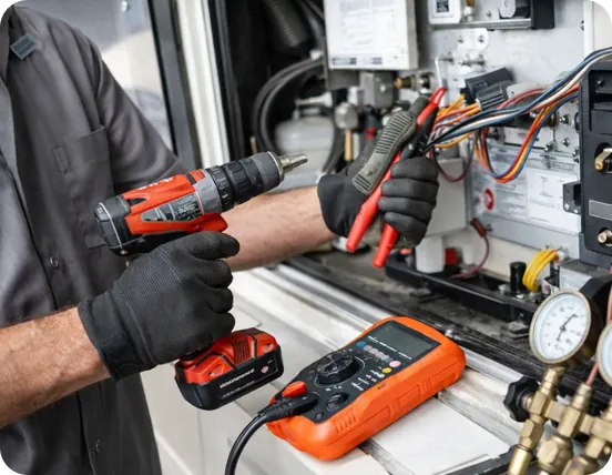 An H3RV technician testing the electrical system of an RV with a multimeter