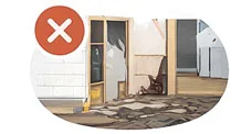 Illustration of damaged wall and floor with a red X marking repairs we do not perform