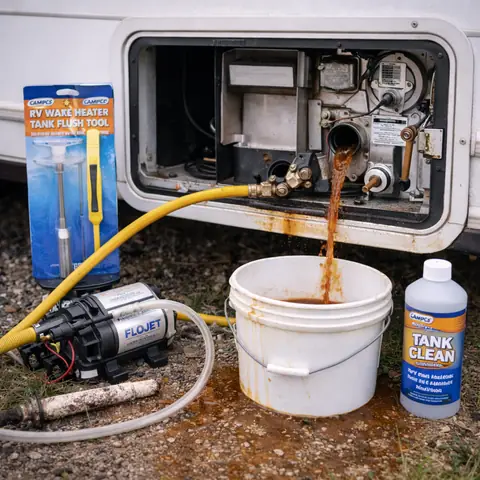 RV water heater compartment with a pump, bucket and cleaning supplies