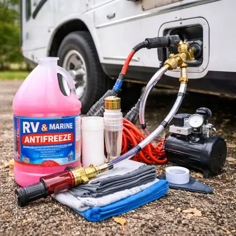 Winterization supplies — RV antifreeze, hoses and an air compressor — next to an RV